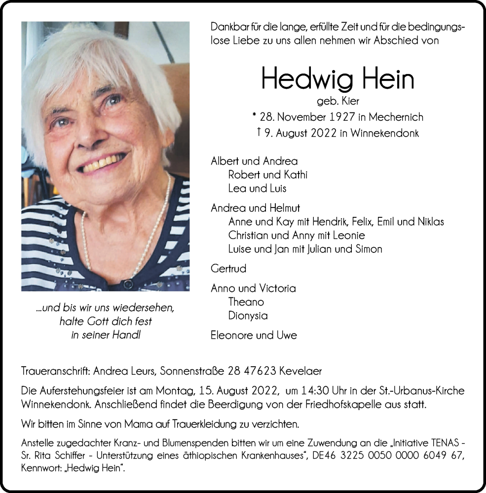  Traueranzeige für Hedwig Hein vom 13.08.2022 aus 