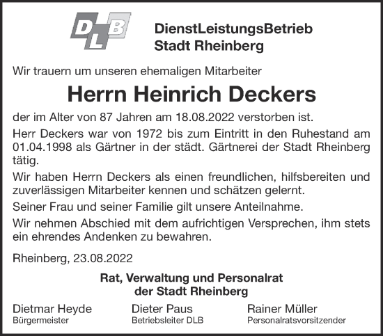 Traueranzeige von Heinrich Deckers 