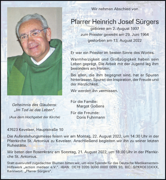 Traueranzeige von Heinrich Josef Sürgers 