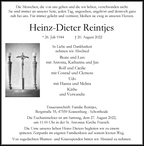 Traueranzeige von Heinz-Dieter Reintjes 