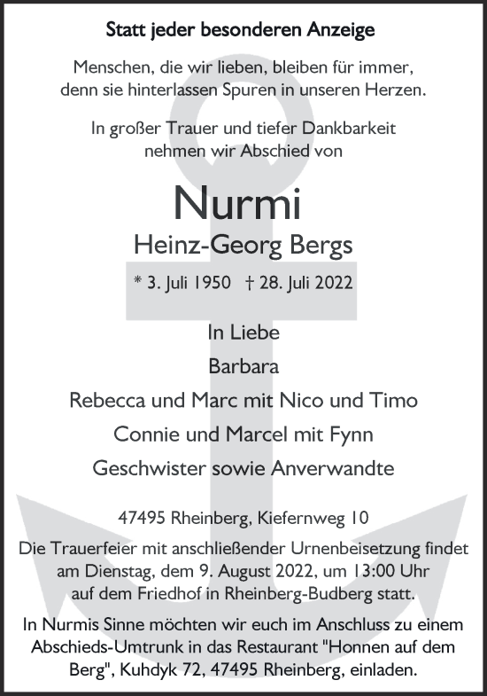 Traueranzeige von Heinz-Georg Bergs 