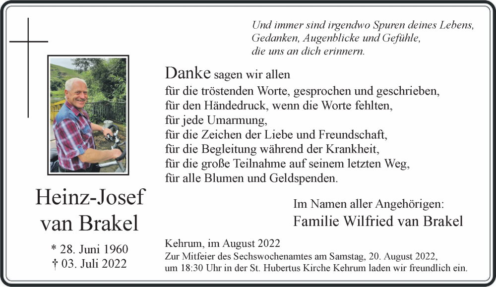  Traueranzeige für Heinz-Josef van Brakel vom 13.08.2022 aus 