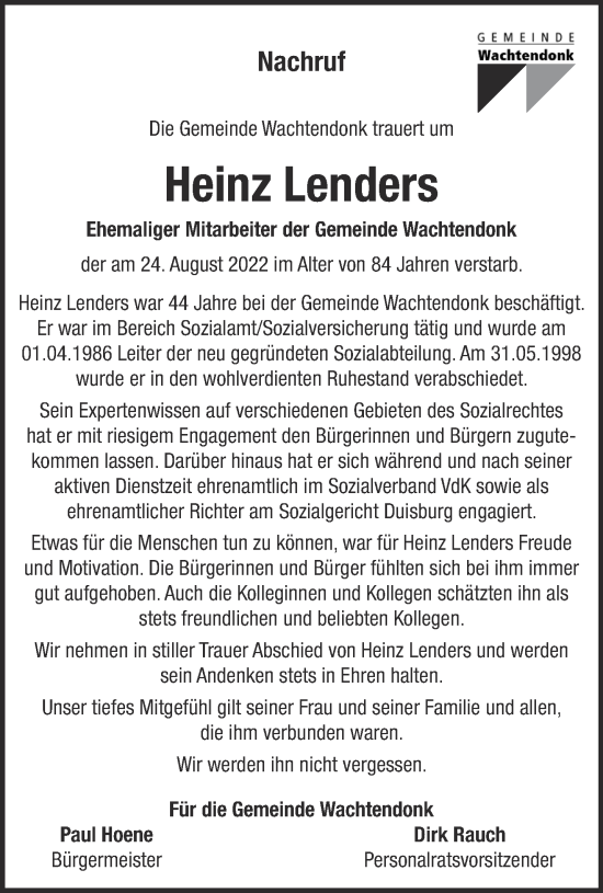 Traueranzeige von Heinz Lenders 