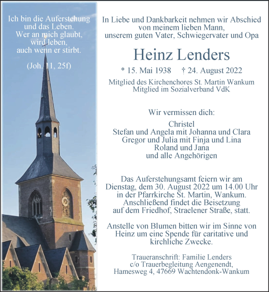 Traueranzeige von Heinz Lenders 
