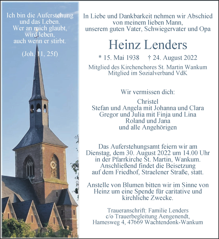  Traueranzeige für Heinz Lenders vom 27.08.2022 aus 