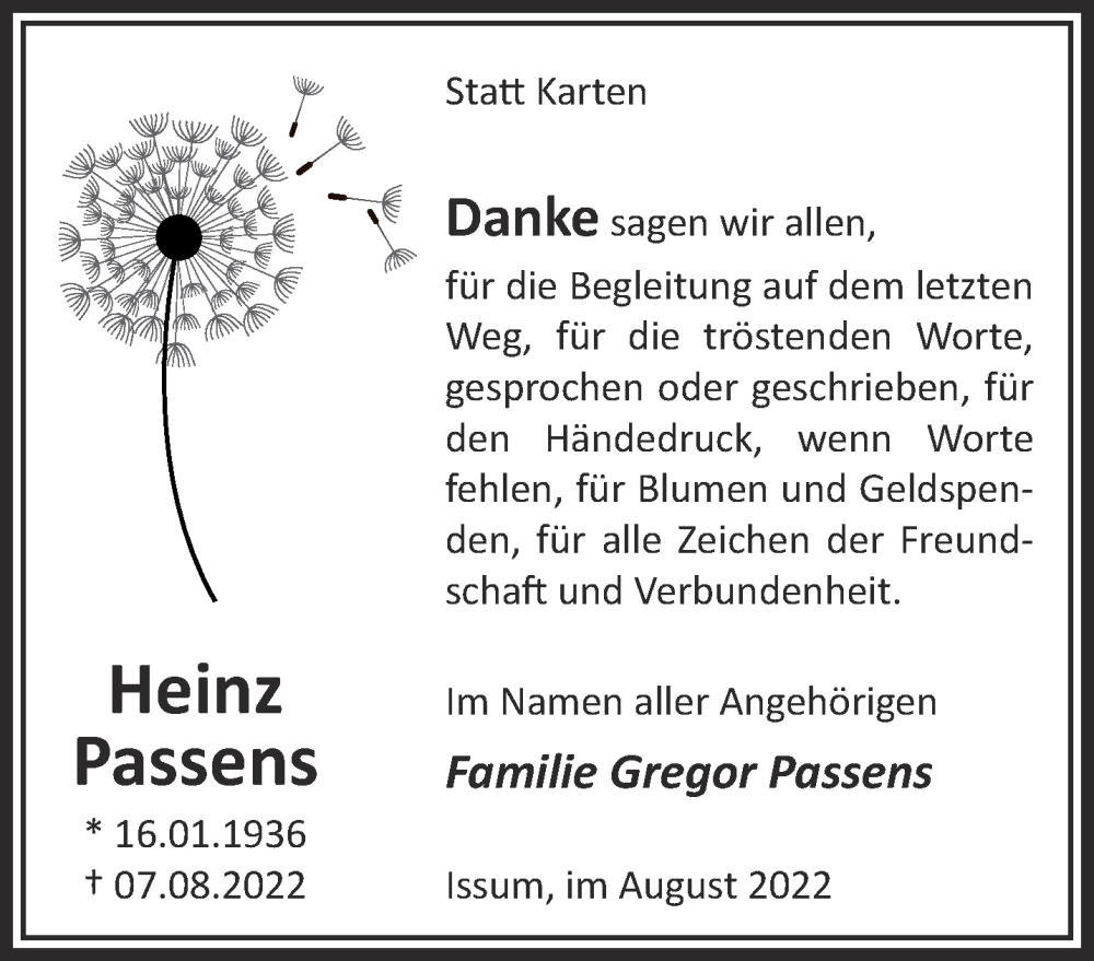  Traueranzeige für Heinz Passens vom 27.08.2022 aus 