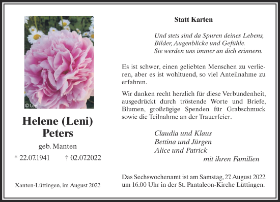 Traueranzeige von Helene Peters 