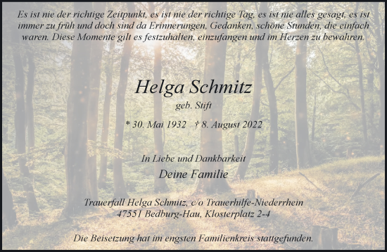 Traueranzeige von Helga Schmitz 