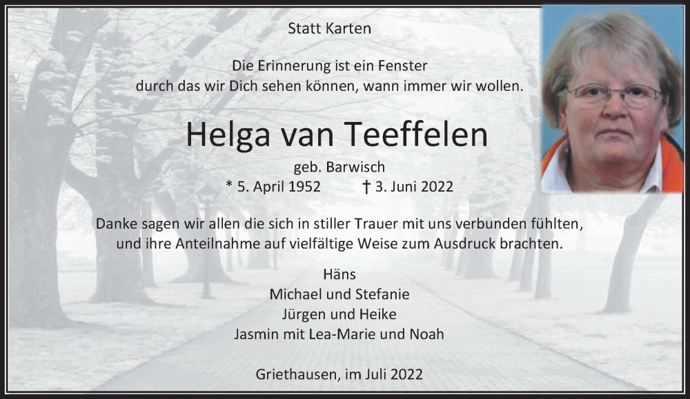  Traueranzeige für Helga van Teeffelen vom 06.08.2022 aus 