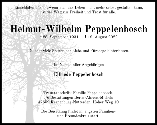 Traueranzeige von Helmut-Wilhelm Peppelenbosch 