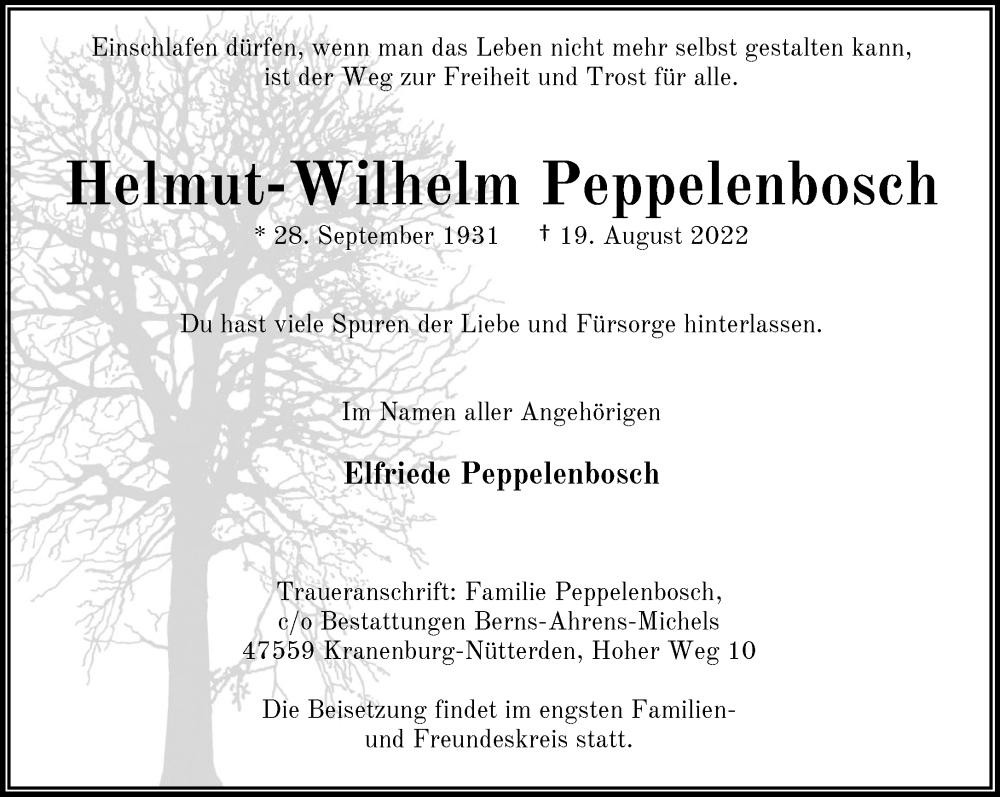  Traueranzeige für Helmut-Wilhelm Peppelenbosch vom 27.08.2022 aus 