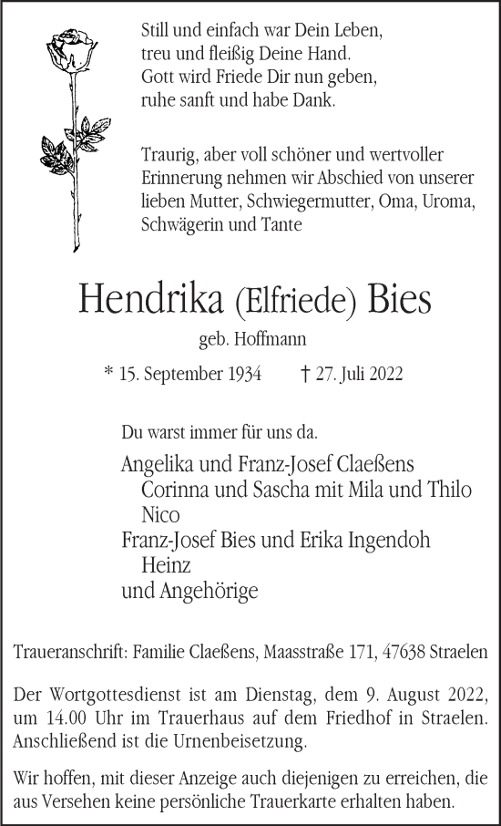 Traueranzeige von Hendrika Bies 