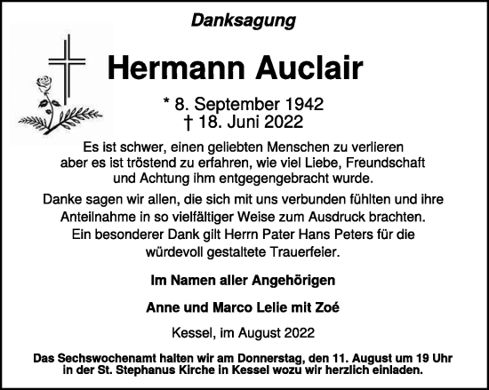 Traueranzeige von Hermann Auclair 