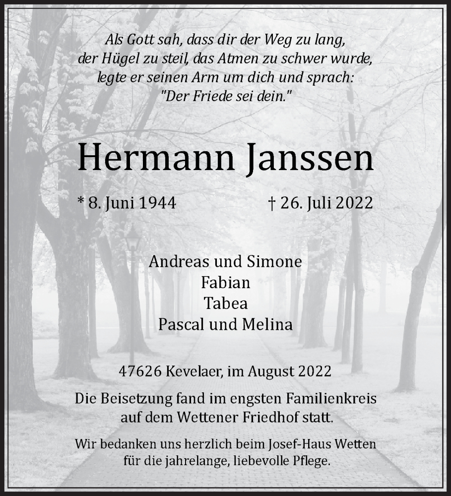  Traueranzeige für Hermann Janssen vom 06.08.2022 aus 