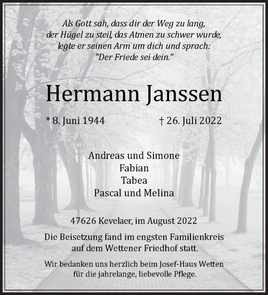 Traueranzeige von Hermann Janssen 