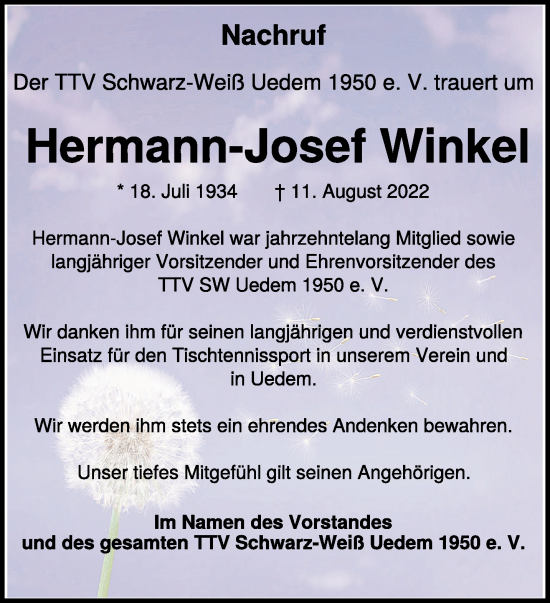 Traueranzeige von Hermann-Josef Winkel 