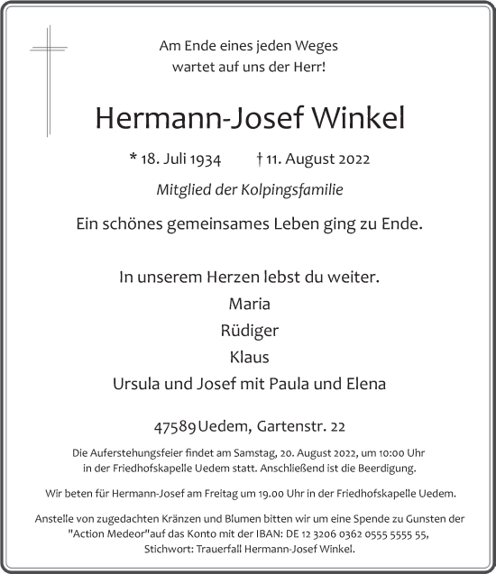 Traueranzeige von Hermann-Josef Winkel 