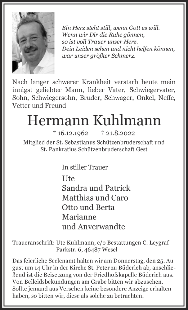  Traueranzeige für Hermann Kuhlmann vom 24.08.2022 aus 