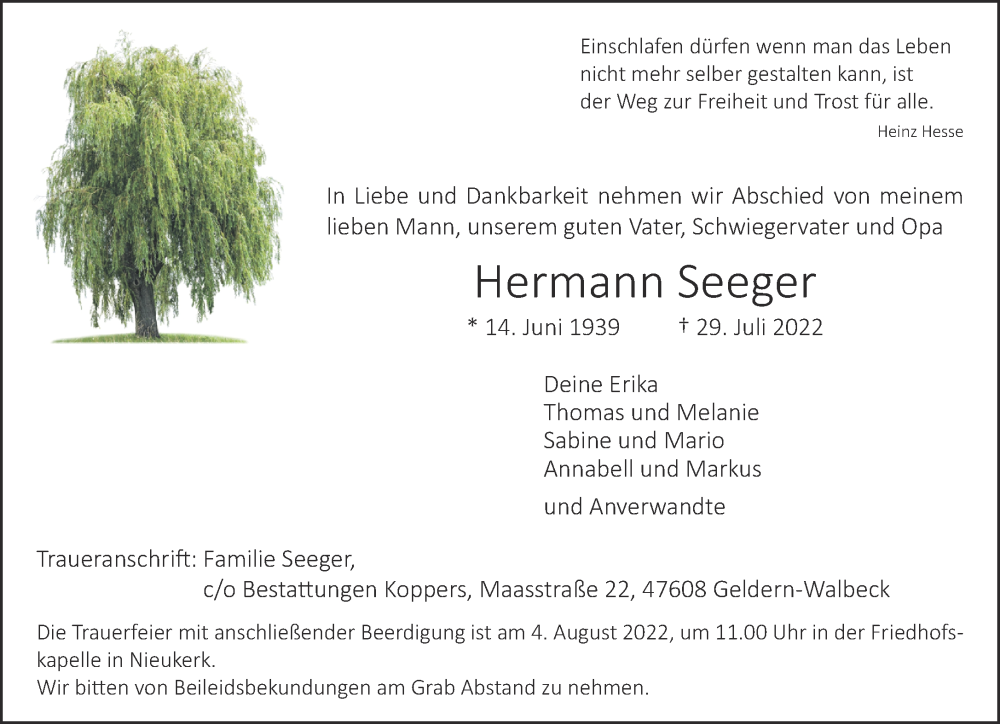  Traueranzeige für Hermann Seeger vom 03.08.2022 aus 
