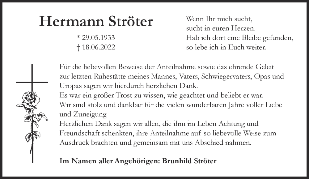  Traueranzeige für Hermann Ströter vom 06.08.2022 aus 