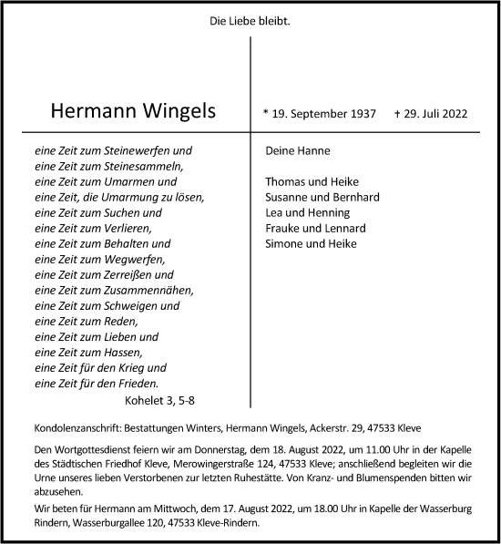 Traueranzeige von Hermann Wingels 