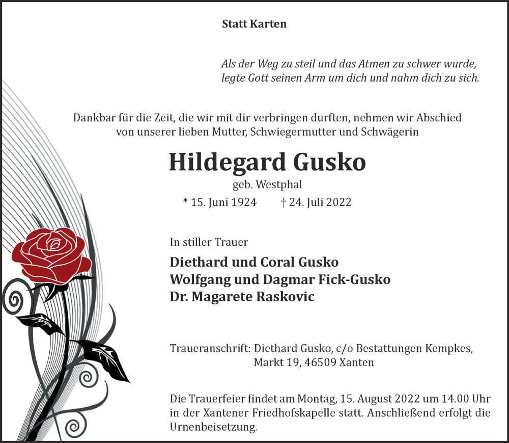  Traueranzeige für Hildegard Gusko vom 10.08.2022 aus 