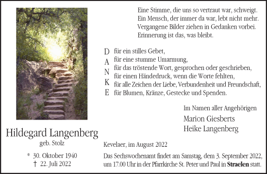 Traueranzeige von Hildegard Langenberg 
