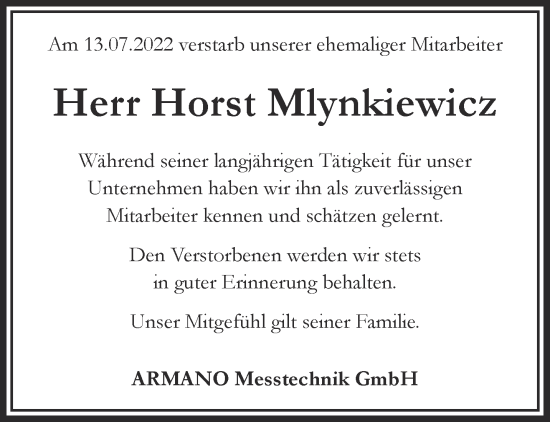 Traueranzeige von Horst Mlynkiewicz 