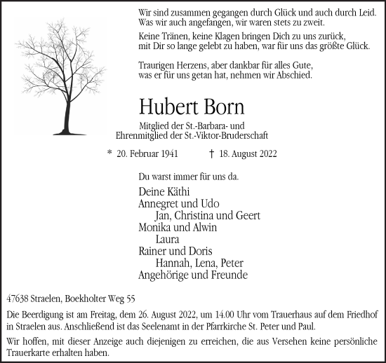Traueranzeige von Hubert Born 