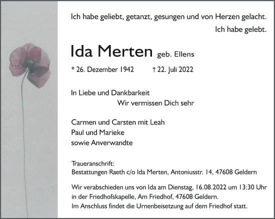 Traueranzeige von Ida Merten 