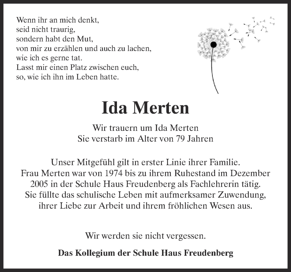  Traueranzeige für Ida Merten vom 20.08.2022 aus 