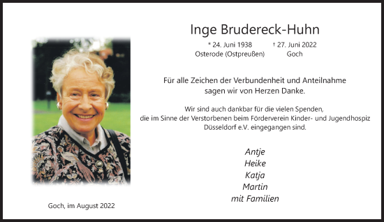 Traueranzeige von Inge Brudereck-Huhn 