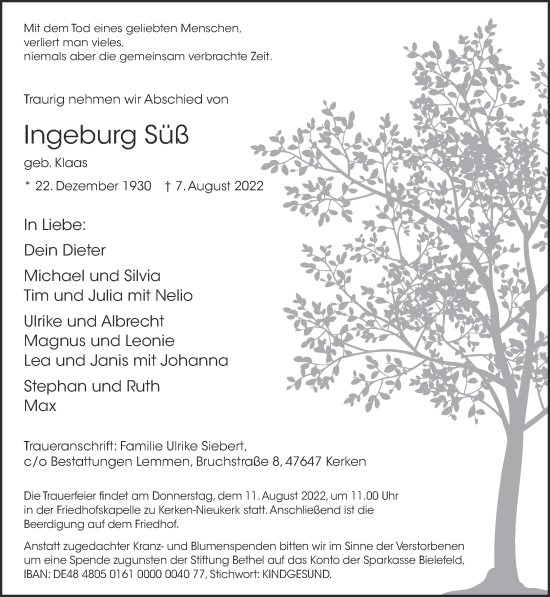 Traueranzeige von Ingeburg Süß 