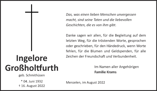 Traueranzeige von Ingelore Großholtfurth 