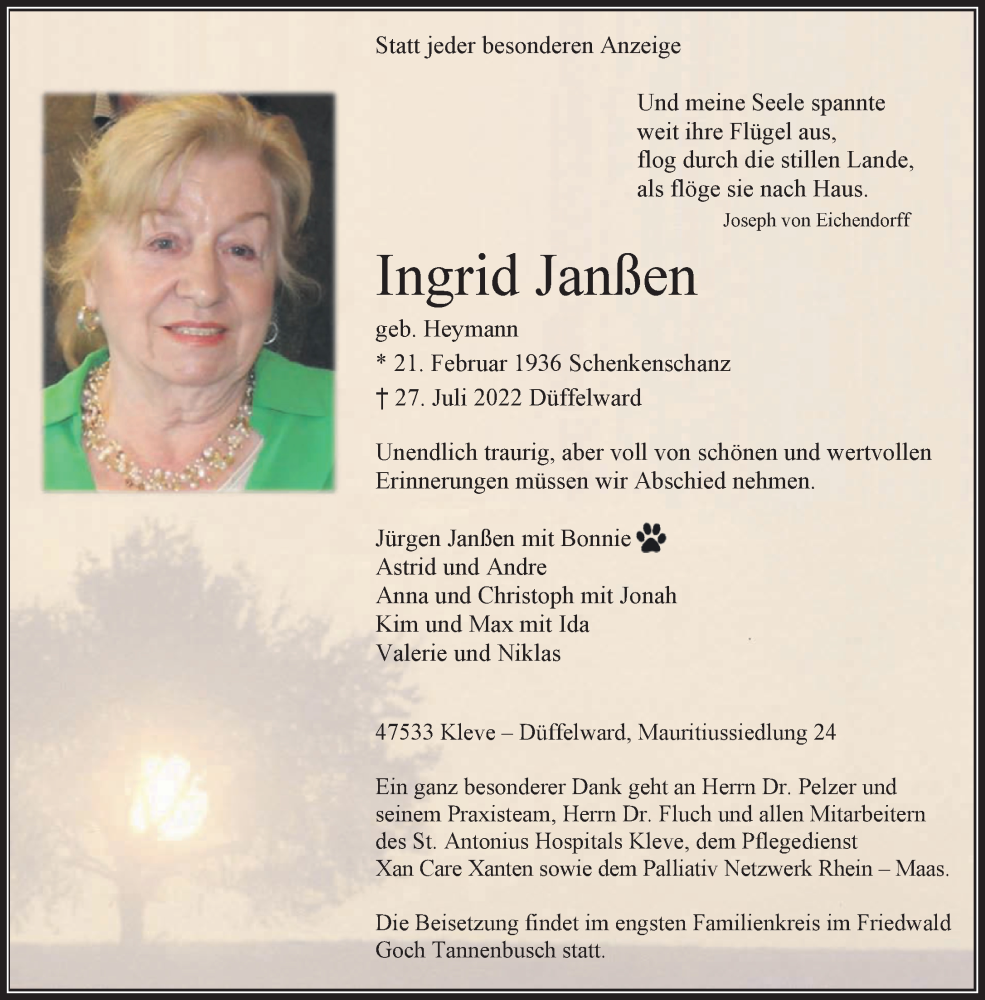  Traueranzeige für Ingrid Janßen vom 06.08.2022 aus 