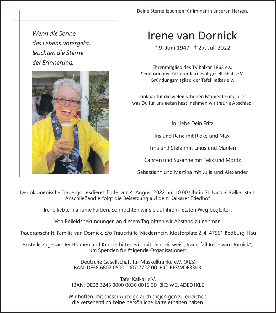  Traueranzeige für Irene van Dornick vom 03.08.2022 aus 