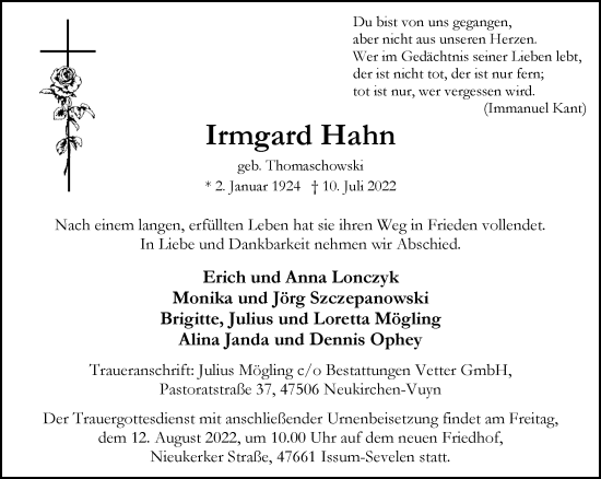 Traueranzeige von Irmgard Hahn 