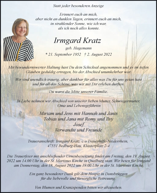 Traueranzeige von Irmgard Kratz 