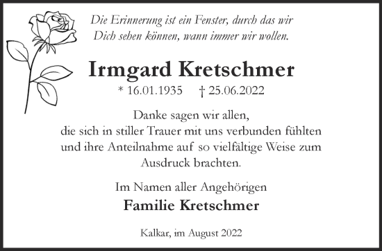 Traueranzeige von Irmgard Kretschmer 