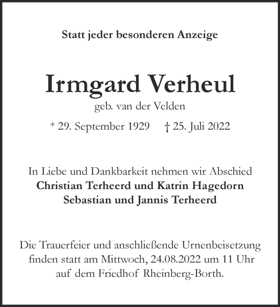 Traueranzeige von Irmgard Verheul 