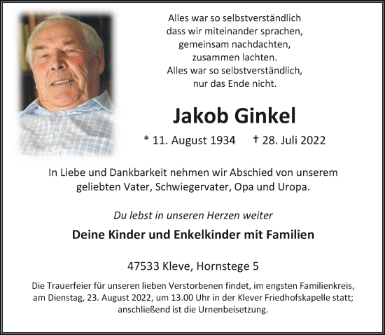 Traueranzeige von Jakob Ginkel 