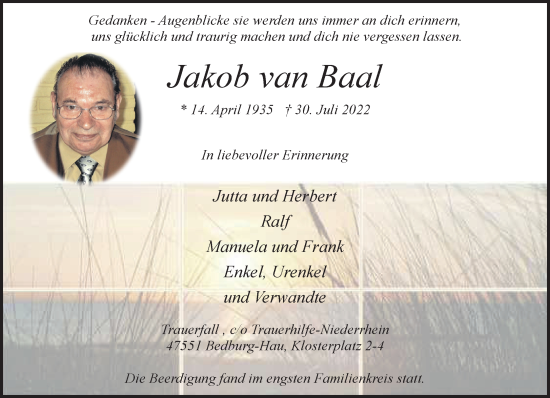 Traueranzeige von Jakob van Baal 