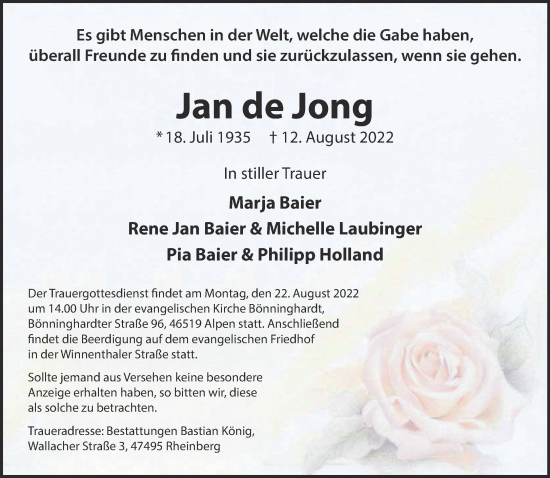 Traueranzeige von Jan de Jong 