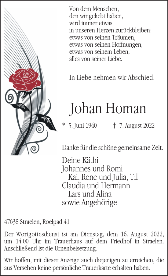 Traueranzeige von Johan Homan 