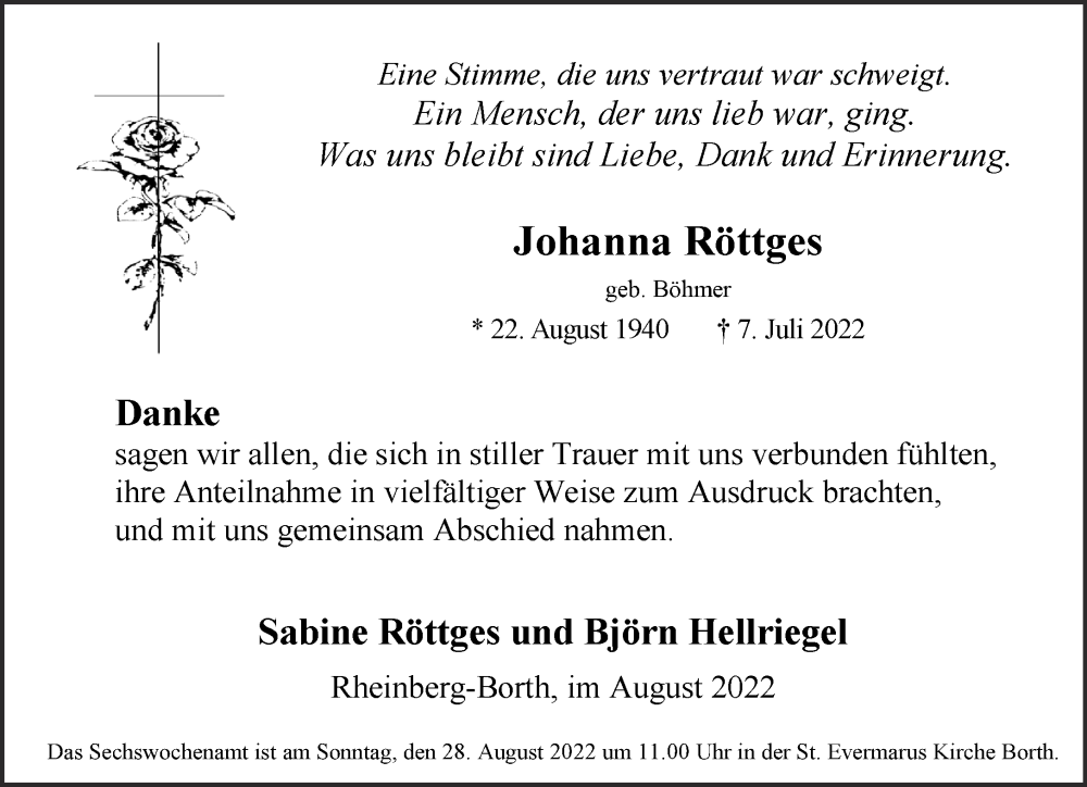  Traueranzeige für Johanna Röttges vom 03.08.2022 aus 