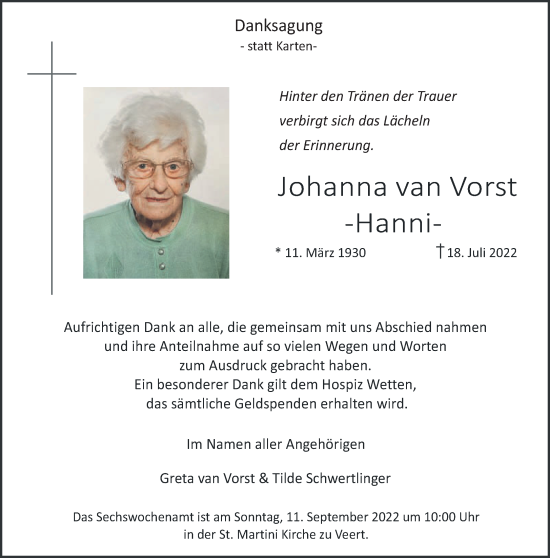 Traueranzeige von Johanna van Vorst 