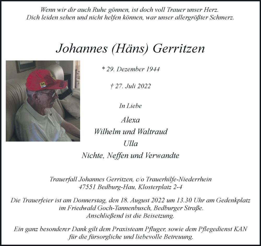  Traueranzeige für Johannes Gerritzen vom 13.08.2022 aus 