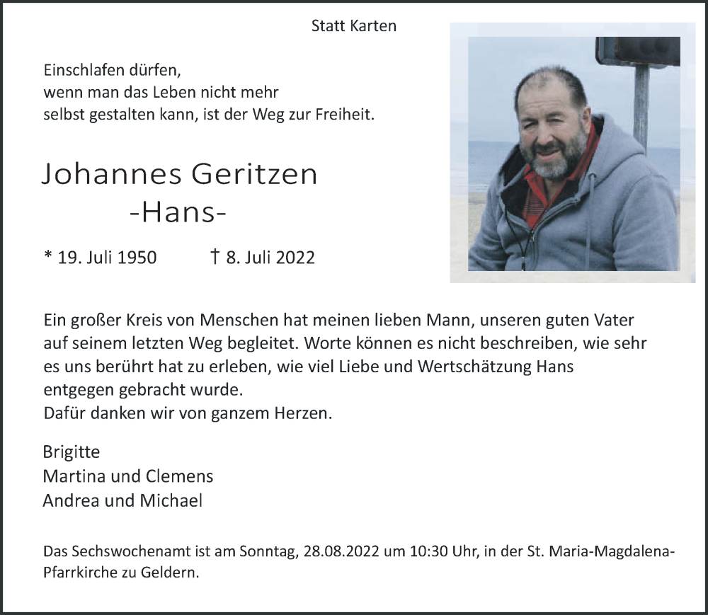  Traueranzeige für Johannes Gerritzen vom 27.08.2022 aus 