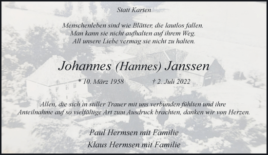Traueranzeige von Johannes Janssen 