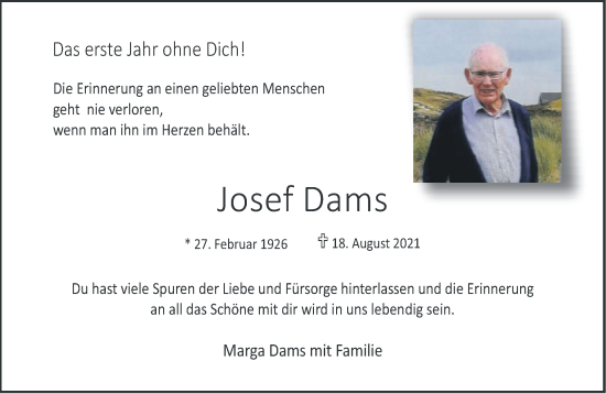 Traueranzeige von Josef Dams 